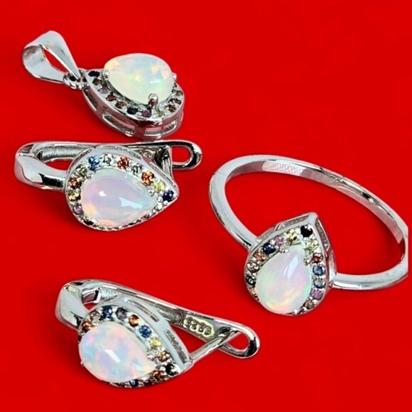 925 Sterling Silver Jewelry Set with Natural White Opal & Multicolor Sapphire - Picture 1 of 12